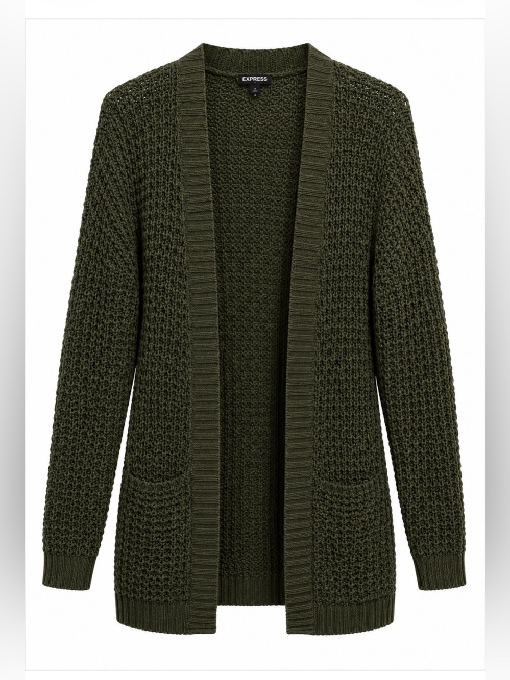 Express Olive Green Open-Front Chunky Knit Cardigan